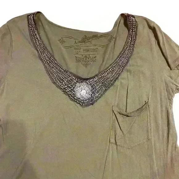 Awake Couture Green Beaded Embellished Blouse Top Size Large Short Sleeve Pocket - Picture 2 of 7